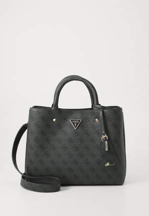 Sac à main en synthétique noir texturé avec poignées doubles, bandoulière amovible, plaque logo et accents métalliques. Doté d'une fermeture zippée et d'un motif gaufré.