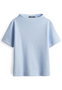 Top leggero azzurro a maniche corte con un motivo testurizzato a righe e scollatura tonda. Il tessuto misto cotone offre una vestibilità casual e rilassata.