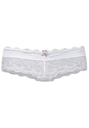 White lace briefs featuring a scalloped edge, a central bow accent, and floral patterns throughout. Soft texture with a sheer finish.