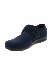 Zapatos de lona azul marino sin cordones con una suela de goma lisa, acentos de malla en la parte superior y un diseño de punta redondeada para mayor comodidad y ajuste.