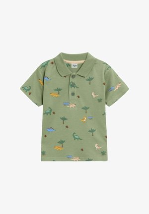 Zelené bavlněné polo tričko s krátkým rukávem, s různými barevnými vzory dinosaurů a rostlin. Tři knoflíky na límci.