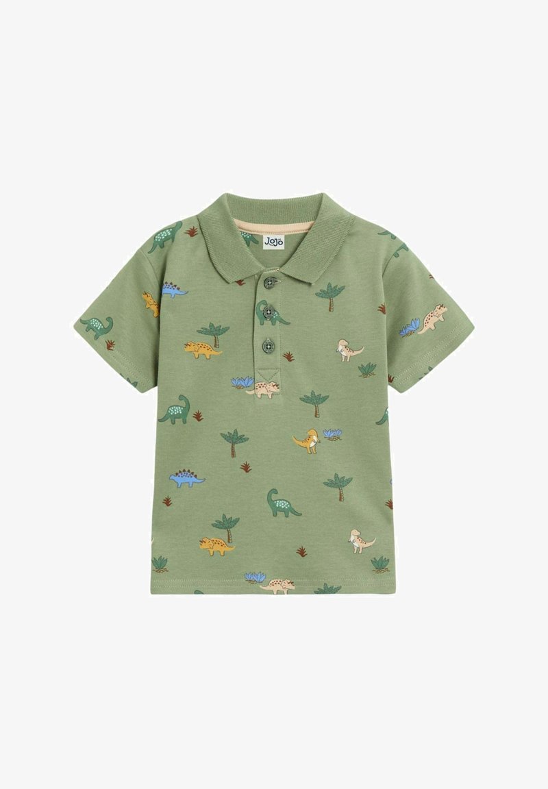 Zelená bavlnená polo košeľa s krátkymi rukávmi, ktorá má rôzne farebné vzory dinosaurov a rastlín. Troj gombíková léga pri golieri.