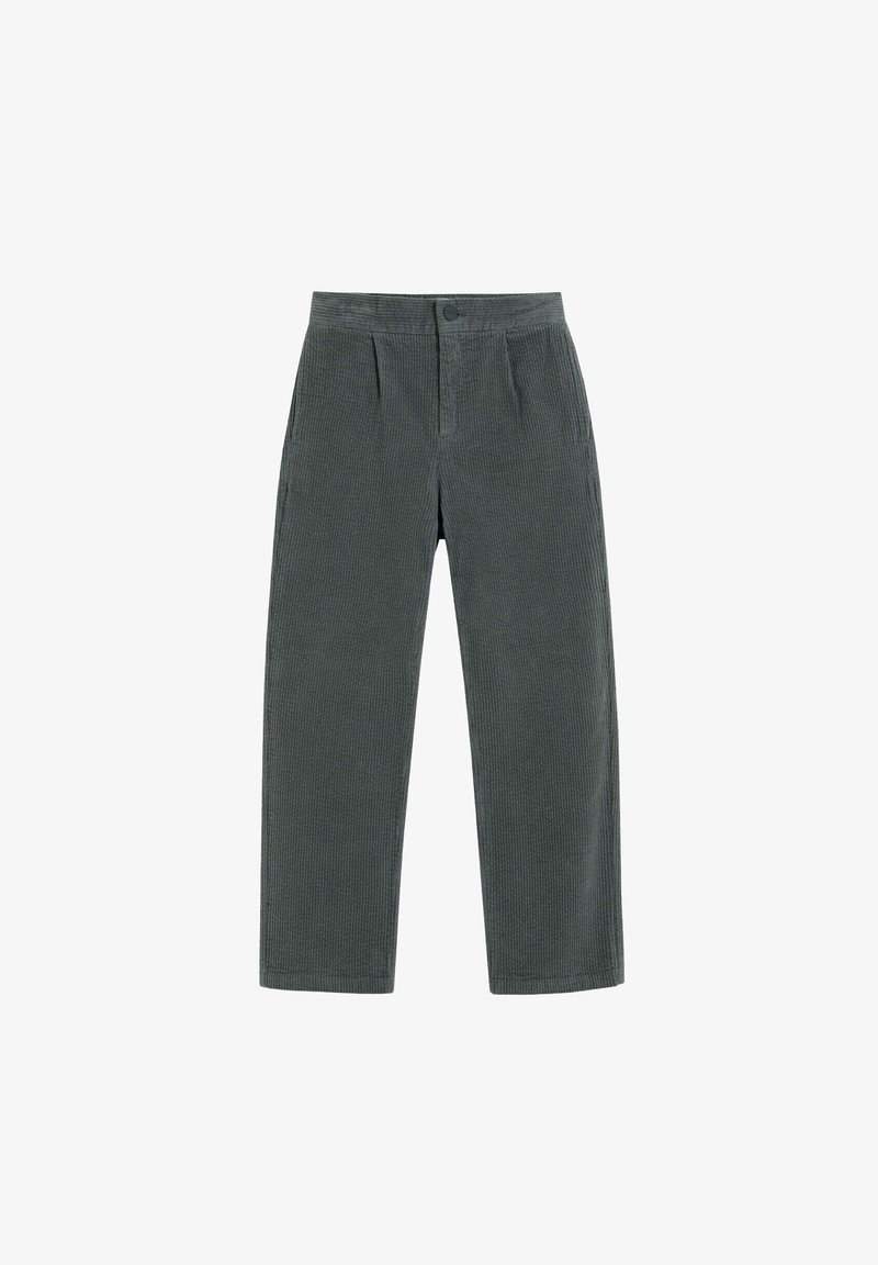 Harmaat veluurihousut, joissa on leveät lahkeet, napitus ja etutaskut. Varustettu sivutaskuilla ja teksturoidulla kankaalla.