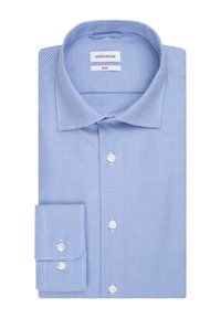 Camicia da uomo a quadretti blu chiaro con colletto button-down e maniche lunghe. Presenta bottoni bianchi e un'etichetta cucita sul collo.