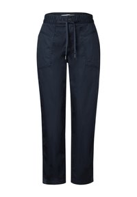 Granatowe spodnie wykonane z lekkiego materiału, z elastycznym paskiem w talii, ściągaczem i dwoma przednimi kieszeniami.