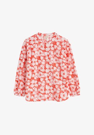 Garā piedurkņu blūze no viegla auduma ar sarkanu un baltu ziedu rakstu, apaļu kakla izgriezumu un pogu akcentiem priekšpusē.