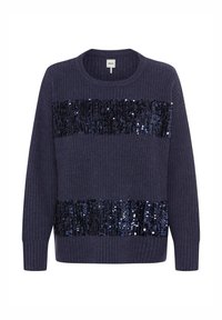 Maglione blu in maglia con strisce orizzontali di paillettes lucide e tessuto testurizzato. Collo arrotondato e maniche lunghe, con polsini a costine.
