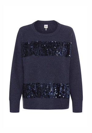 Maglione blu in maglia con strisce orizzontali di paillettes lucide e tessuto testurizzato. Collo arrotondato e maniche lunghe, con polsini a costine.