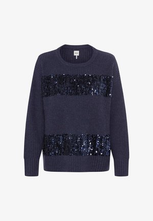 Marineblauwe gebreide trui met horizontale strepen van glanzende pailletten en gestructureerde stof. Ronde halslijn en lange mouwen, met geribbelde boorden.