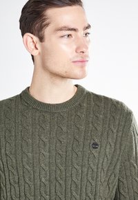 Pull �à col rond en laine vert olive avec un motif en cable. Détail notable : un petit logo sur la poitrine gauche.