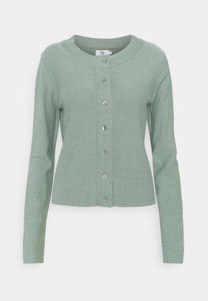 Cardigan vert clair à manches longues avec encolure ronde et sept boutons sur le devant, confectionné en tissu tricoté doux.