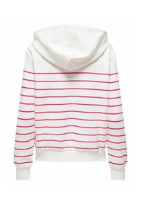 Felpa bianca con cappuccio caratterizzata da strisce orizzontali rosa, polsini e vita a coste. Tessuto morbido con una vestibilità rilassata.