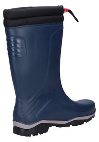 Navy blue waterproof boot with a black padded cuff, textured surface, sturdy sole, and red pull tab for easy wear. Ideal for wet conditions.