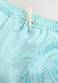 Light blue swim shorts with an elastic waistband, featuring a white drawstring and palm tree graphic in a slightly darker blue.