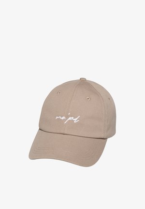 Beżowa bawełniana czapka baseballowa z zakrzywionym daszkiem, na froncie z białym haftowanym napisem. Sześciopanelowy projekt z regulowanym paskiem z tyłu.