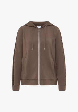 Sudadera marrón con capucha, cremallera blanca, bolsillos laterales y una franja en contraste con el texto "FOCUS AHEAD" en las mangas. Textura suave.