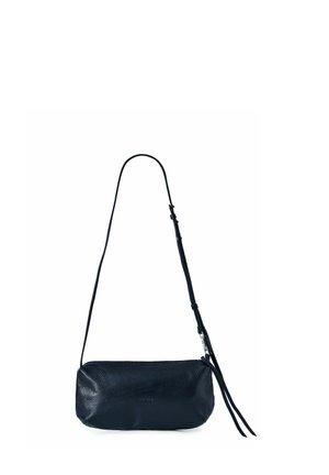 Borsa a tracolla in pelle blu navy elegante con una finitura tessurizzata, chiusura con zip e una tracolla regolabile con un dettaglio a loop.