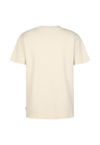 T-shirt à manches courtes couleur écru, confectionné dans un tissu texturé à motif quadrillé. Il présente un col rond et une coupe droite.