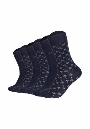 Six pairs of dark blue socks with light geometric floral patterns and elastic cuffs, arranged in a staggered line on a white background.