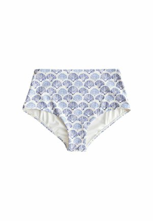 Culotte de bikini taille haute avec motif coquillages bleus et blancs sur fond blanc, présentée à plat et centrée.