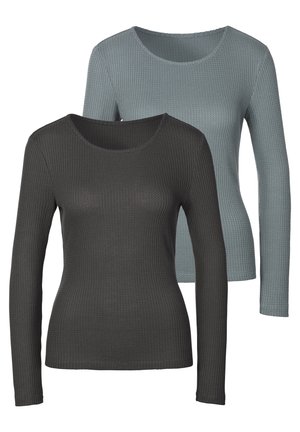 Two long-sleeve shirts, one in dark gray and the other in light blue, featuring a ribbed texture and a round neck design.