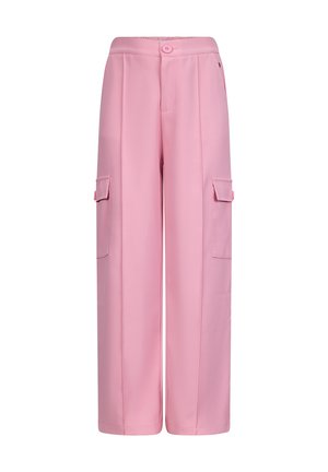 Pantaloni cargo rosa con gambe larghe, dotati di due tasche laterali e chiusura con bottone frontale. Realizzati in tessuto morbido con una vestibilità su misura.
