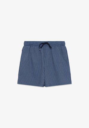 Costum de baie cu dungi albastre, cu talie elastică, șnur și textură de țesătură moale. Prezintă dungi verticale albe pentru detalii de model.