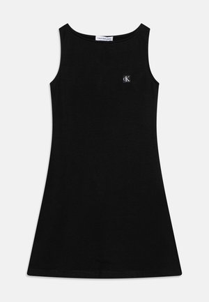Robe noire sans manches avec un col arrondi, en tissu doux, ornée d'un petit logo brodé sur le côté gauche de la poitrine.