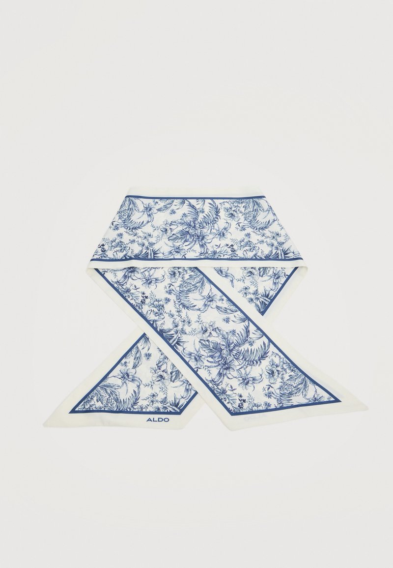 Écharpe blanche avec motif floral et végétal bleu, bordure marine et marquage "ALDO" dans un coin, présentée pliée sur fond blanc.