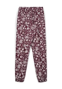 Pantaloni bordeaux a fiori con motivi botanici bianchi, cintura elastica, caviglie risvoltate e design in tessuto leggero.