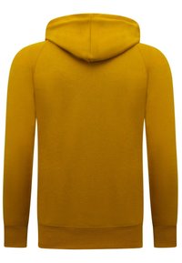 Geel hooded sweatshirt met een gladde textuur, ribbelmanchetten en -zoom, en een ontwerp met een buidelzak. De achterkant laat geen aanvullende details zien.
