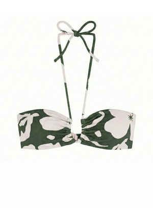 Top de bikini tipo bandeau con estampado floral en verde y blanco, con nudo central y tirantes halter para atar al cuello.