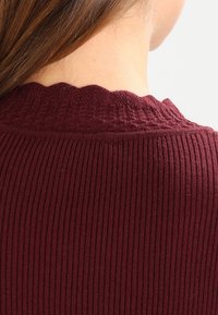 Bordeauxroter Rippenpullover mit einem gewellten Kragen, Nahaufnahme des Rückenausschnitts mit strukturierten Mustern.