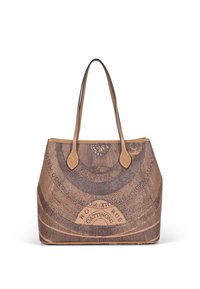 Borsa tote in pelle marrone con manici lunghi, caratterizzata da un intricato motivo circolare scuro e dettagli testuali sulla superficie.