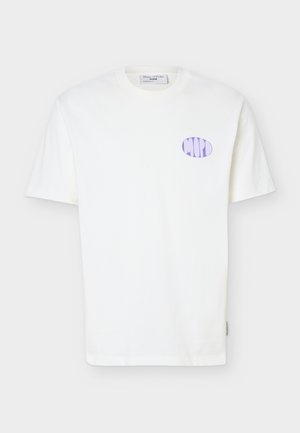 White short-sleeve cotton T-shirt with lilac oval logo on the left chest and a round neckline.