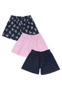 Tre paia di pantaloni corti di cotone: uno blu navy con fiocchi bianchi, uno rosa uniforme e un altro blu navy. Tutti hanno vita elastica e una vestibilità ampia.