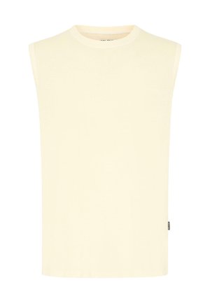 Haut beige en maille sans manches à col rond avec une petite étiquette de marque noire sur la couture latérale inférieure.