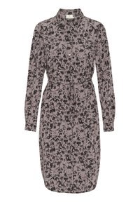 Langarm jurk in licht mauve met een zwart bloemenpatroon; heeft een knoopsluiting aan de voorkant, een kraag en een trekkoord in de taille voor aanpassing van de pasvorm.