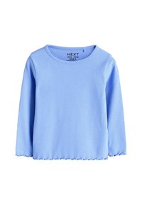 Blå ribbet langærmet top med rund halsudskæring og flosset kant. Stoffet er blødt og har et tekstureret mønster over det hele.