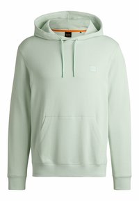 Světle zelená mikina s kapucí z měkké látky, s přední kapsou, žebrovanými manžetami a malým logem na hrudi.