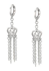 Sidabrinės auskarai su karūnos dizainu, turintys centrinį skaidrų akmenį, apsuptą kaskadinių sidabrinių grandinėlių. Lygaus metalo apdaila.