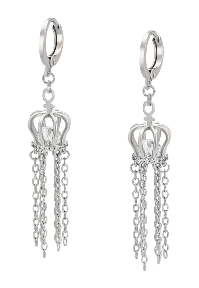 Sidabrinės auskarai su karūnos dizainu, turintys centrinį skaidrų akmenį, apsuptą kaskadinių sidabrinių grandinėlių. Lygaus metalo apdaila.