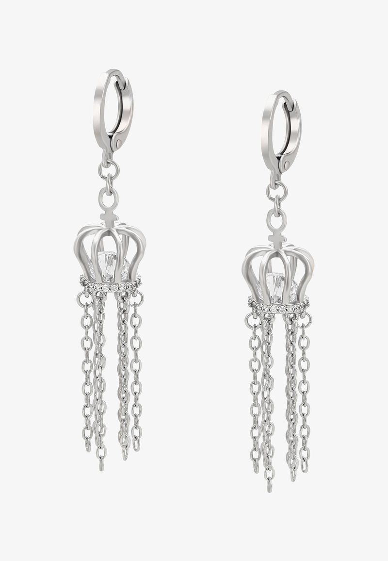 Sidabrinės auskarai su karūnos dizainu, turintys centrinį skaidrų akmenį, apsuptą kaskadinių sidabrinių grandinėlių. Lygaus metalo apdaila.