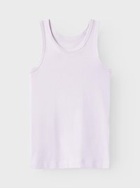 Lilac tank top with a round neckline and wide shoulder straps. Made of soft, stretchy fabric with a smooth texture. Plain design.