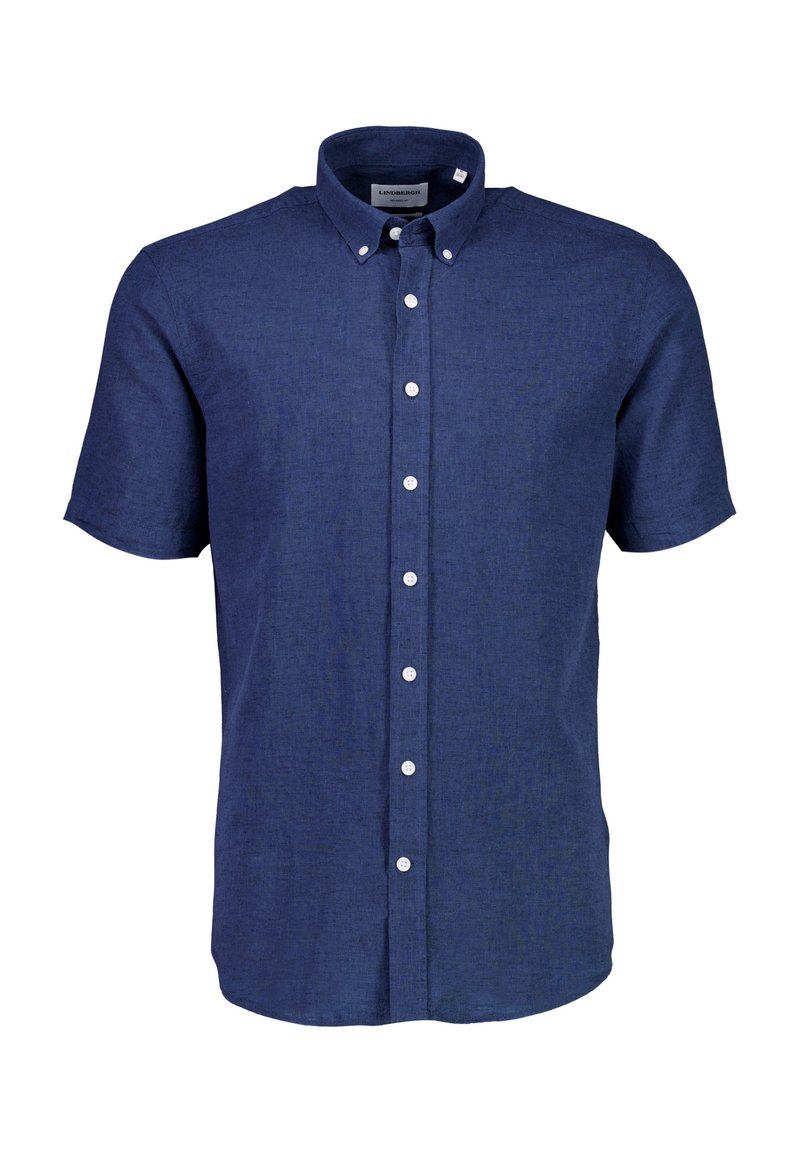 Camicia a maniche corte in tessuto blu navy con una finitura testurizzata, colletto a bottoni e bottoni bianchi lungo la patta frontale.
