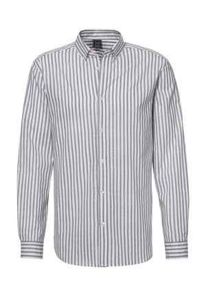 Langarm-Hemd mit Knopfleiste, vertikalen grauen und weißen Streifen und spitzem Kragen, dargestellt vor einem weißen Hintergrund.