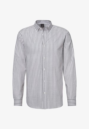 Langarm-Hemd mit Knopfleiste, vertikalen grauen und weißen Streifen und spitzem Kragen, dargestellt vor einem weißen Hintergrund.