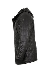 Black quilted leather jacket with a hood, featuring a side zip pocket and smooth texture, designed in a fitted silhouette.