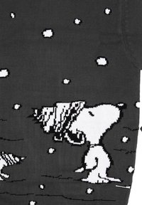 Black and white knitted sweater featuring Snoopy and snowflakes, with a smooth texture and cartoon design. Patterned pullover with round neckline.