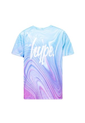 T-shirt med blåt og lilla hvirvlende marmormønster og hvid "hype." logo centreret foran.